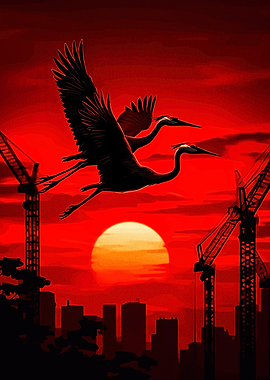 Cranes Flying Over Cityscape at Sunset