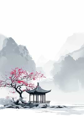 Serene Japanese Landscape with Pagoda