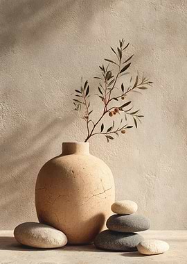 Zen still life with olive branch and stones