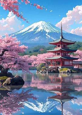 Mount Fuji and Pagoda with Cherry Blossoms