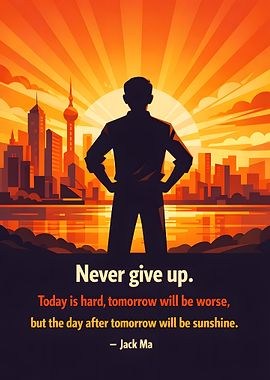 Silhouette of a man against a sunrise cityscape