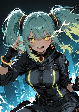 Anime Girl with Teal Hair and Glowing Eyes