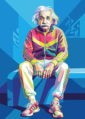 Albert Einstein in colorful tracksuit