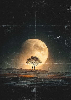Lone Figure Under a Giant Moon