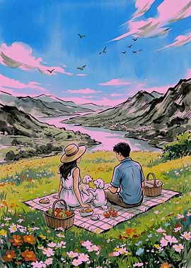 Couple's Picnic with Dogs in a Scenic Landscape