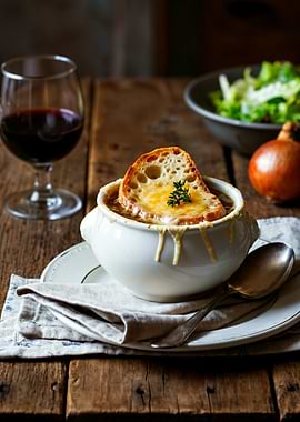 French Onion Soup with Bread and Wine