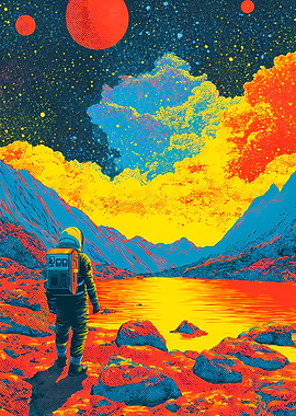 Vibrant Retro Astronaut Space Landscape