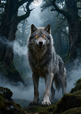 Menacing Wolf in Misty Forest