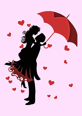 Couple under umbrella with hearts