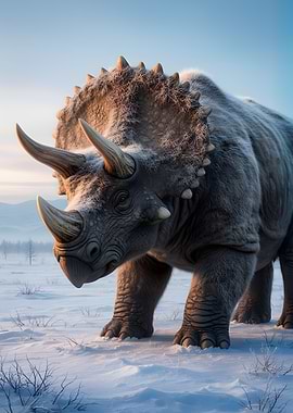 Woolly Triceratops in Snowy Landscape