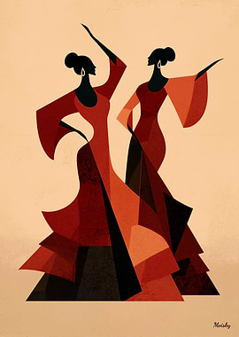 Flamenco Dancers Spain Elegant Red Silhouette Art