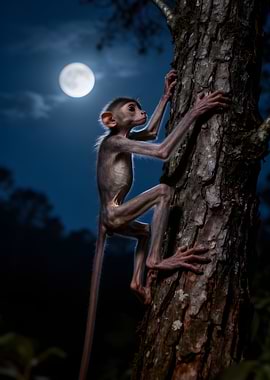 Baby Monkey Climbing Tree Under Moon