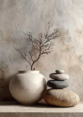Zen stones and dried branches in a vase