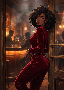 Woman in red jumpsuit at jazz club