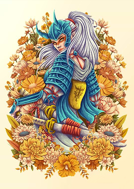 Samurai Warrior Surrounded by Flowers