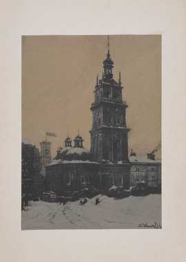 Winter Scene with Church Tower and Tram