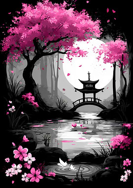 Japanese Garden with Cherry Blossoms