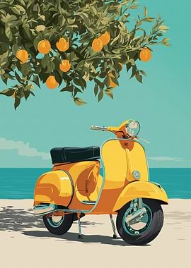 Yellow Vespa Scooter by the Sea
