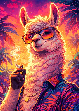 Cool Llama Smoking in Tropical Sunset