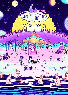 Surreal Playground with Tentacles and Cat