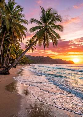 Tropical Beach Sunset with Palm Trees