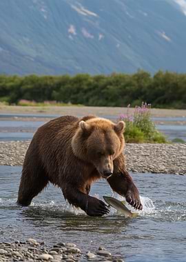 Bear catching salmon in river