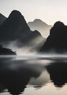 Misty Mountains Reflected in a Lake