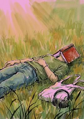 Person sleeping in grass with book