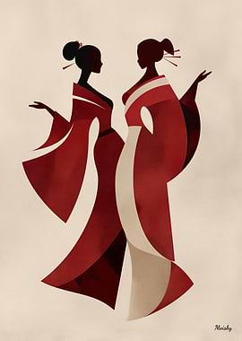 Elegant Geisha Couple Minimal Japanese Art