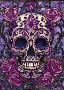 Stained Glass Sugar Skull with Pink Roses