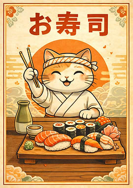 Cute Cat Chef Serving Sushi