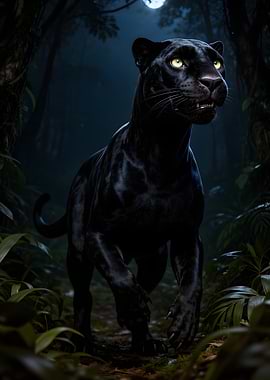 Black Panther in a Moonlit Jungle