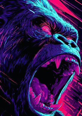 Neon Synthwave Roaring Gorilla Portrait