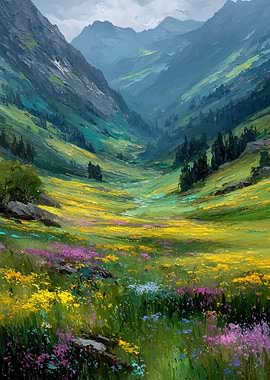 Vibrant Mountain Valley Landscape Painting