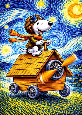 Snoopy as a Pilot in Starry Night