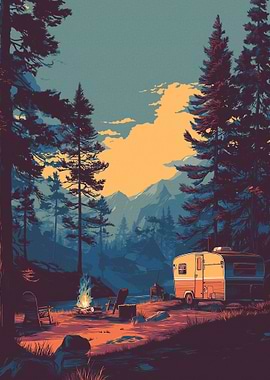 Retro Camper Scene in Forest
