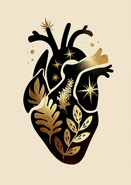 Anatomical Heart with Gold Botanicals