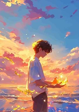 Boy Holding Fire at Sunset