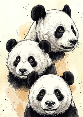 Three Pandas in Watercolor Style
