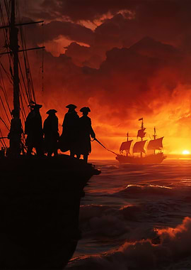 Pirates on a ship at sunset