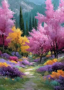 Vibrant Spring Path with Blooming Trees