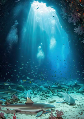 Sharks swimming in underwater cave