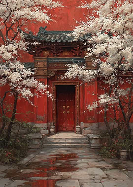 Chinese Temple Gate with Cherry Blossoms
