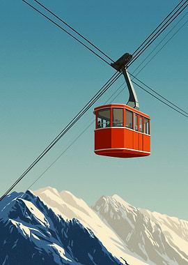 Red Cable Car Over Snowy Mountains