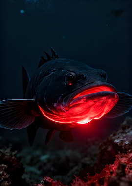 Fish with glowing red mouth underwater