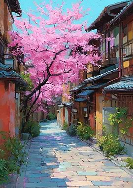 Cherry Blossoms Over Cobblestone Alley