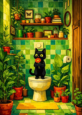 Black Cat with Flower in Bathroom