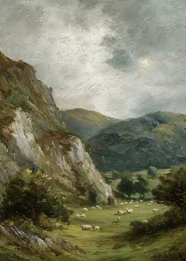 Sheep grazing in a mountain valley