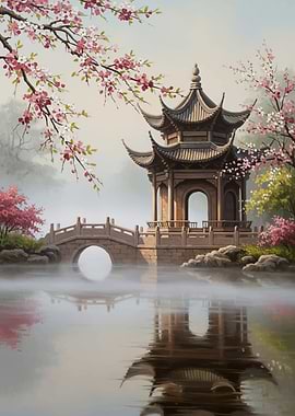 Tranquil Japanese Garden with Pagoda and Cherry Blossoms