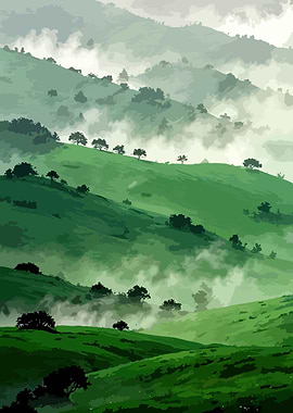 Misty Green Hills with Trees